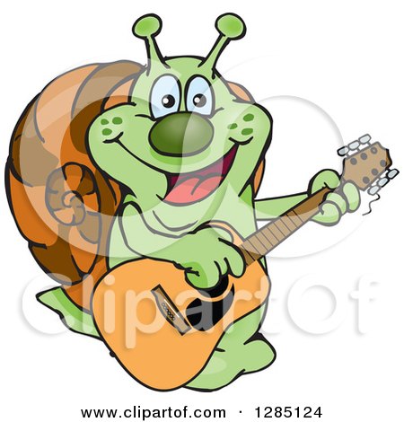 Clipart of a Cartoon Happy Snail Playing an Acoustic Guitar - Royalty Free Vector Illustration by Dennis Holmes Designs