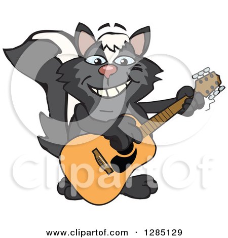 Clipart of a Cartoon Happy Skunk Playing an Acoustic Guitar - Royalty Free Vector Illustration by Dennis Holmes Designs