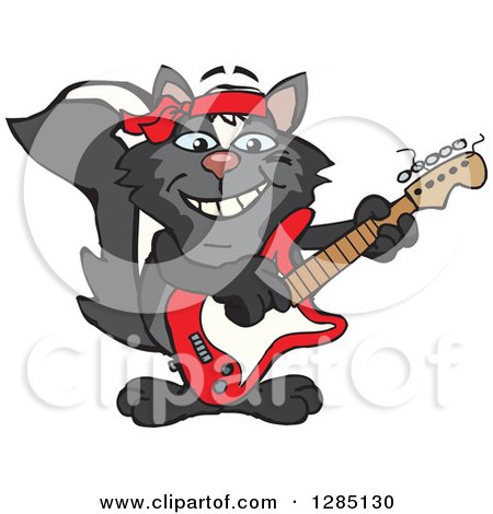 Clipart of a Cartoon Happy Skunk Playing an Electric Guitar - Royalty Free Vector Illustration by Dennis Holmes Designs