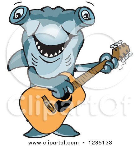 Clipart of a Cartoon Happy Hammerhead Shark Playing an Acoustic Guitar - Royalty Free Vector Illustration by Dennis Holmes Designs