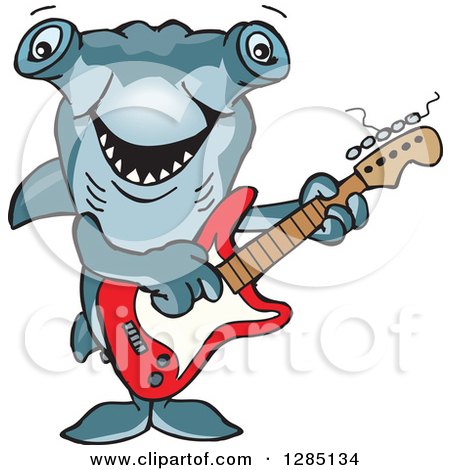 Clipart of a Cartoon Happy Hammerhead Shark Playing an Electric Guitar - Royalty Free Vector Illustration by Dennis Holmes Designs