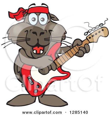 Clipart of a Cartoon Happy Sea Lion Playing an Electric Guitar - Royalty Free Vector Illustration by Dennis Holmes Designs