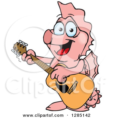 Clipart of a Cartoon Happy Pink Seahorse Playing an Acoustic Guitar - Royalty Free Vector Illustration by Dennis Holmes Designs