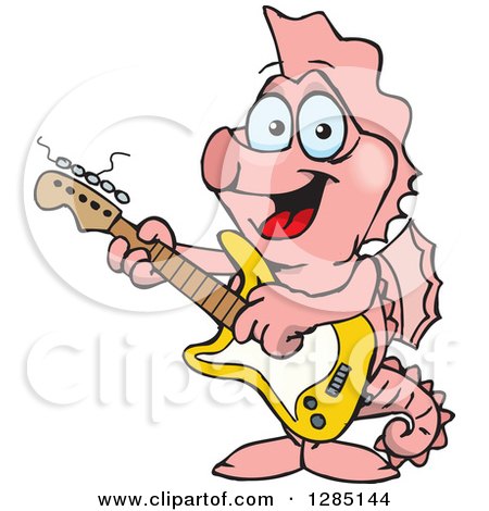 Clipart of a Cartoon Happy Pink Seahorse Playing an Electric Guitar - Royalty Free Vector Illustration by Dennis Holmes Designs