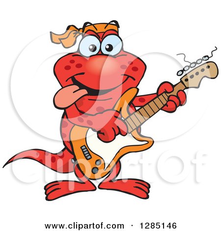 Clipart of a Cartoon Happy Red Salamander Playing an Electric Guitar - Royalty Free Vector Illustration by Dennis Holmes Designs