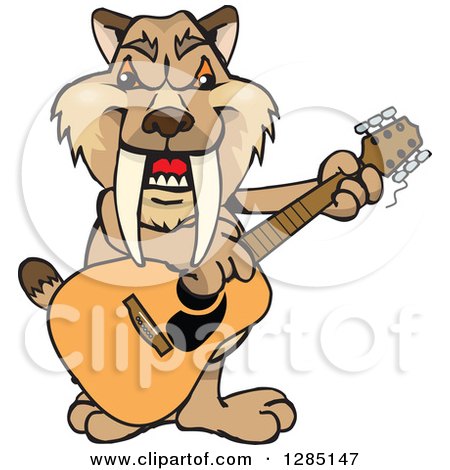 Clipart of a Cartoon Happy Saber Toothed Tiger Playing an Acoustic Guitar - Royalty Free Vector Illustration by Dennis Holmes Designs