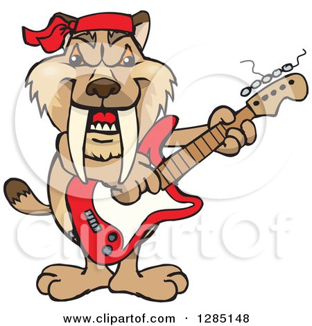 Clipart of a Cartoon Happy Saber Toothed Tiger Playing an Electric Guitar - Royalty Free Vector Illustration by Dennis Holmes Designs