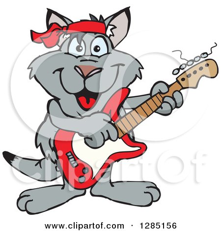 Clipart of a Cartoon Happy Kangaroo Playing an Electric Guitar - Royalty Free Vector Illustration by Dennis Holmes Designs