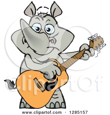 Clipart of a Cartoon Happy Rhino Playing an Acoustic Guitar - Royalty Free Vector Illustration by Dennis Holmes Designs