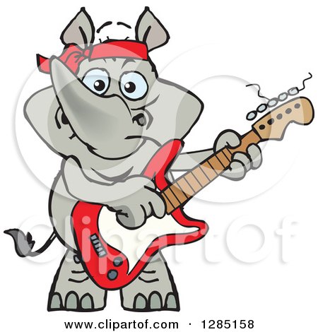 Clipart of a Cartoon Happy Rhino Playing an Electric Guitar - Royalty Free Vector Illustration by Dennis Holmes Designs