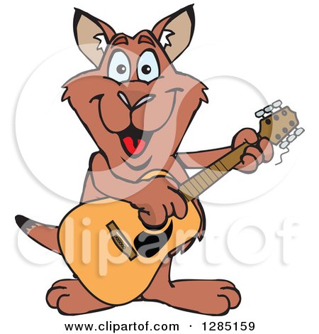 Clipart of a Cartoon Happy Red Kangaroo Playing an Acoustic Guitar - Royalty Free Vector Illustration by Dennis Holmes Designs
