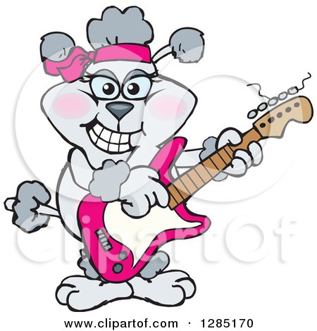 Clipart of a Cartoon Happy Gray Poodle Playing an Electric Guitar - Royalty Free Vector Illustration by Dennis Holmes Designs