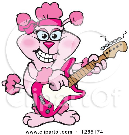 Clipart of a Cartoon Happy Pink Poodle Playing an Electric Guitar - Royalty Free Vector Illustration by Dennis Holmes Designs