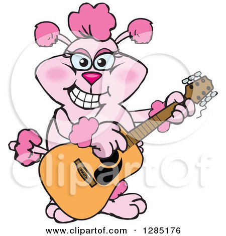 Clipart of a Cartoon Happy Pink Poodle Playing an Acoustic Guitar - Royalty Free Vector Illustration by Dennis Holmes Designs