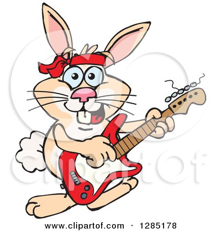 Clipart of a Cartoon Happy Rabbit Playing an Electric Guitar - Royalty Free Vector Illustration by Dennis Holmes Designs