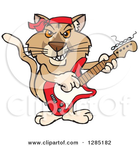 Clipart of a Cartoon Happy Puma Cougar Playing an Electric Guitar - Royalty Free Vector Illustration by Dennis Holmes Designs