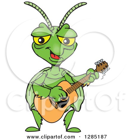Clipart of a Cartoon Happy Praying Mantis Playing an Acoustic Guitar - Royalty Free Vector Illustration by Dennis Holmes Designs