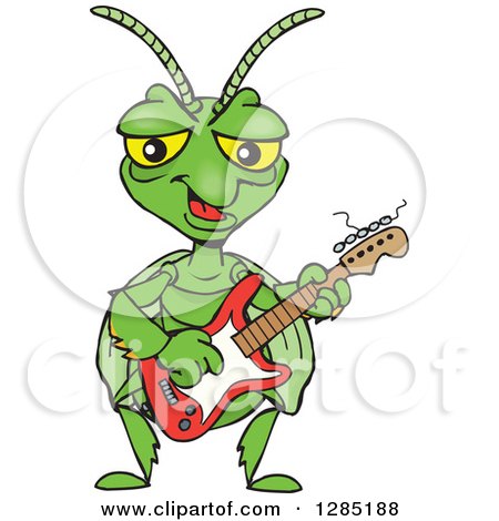 Clipart of a Cartoon Happy Praying Mantis Playing an Electric Guitar - Royalty Free Vector Illustration by Dennis Holmes Designs
