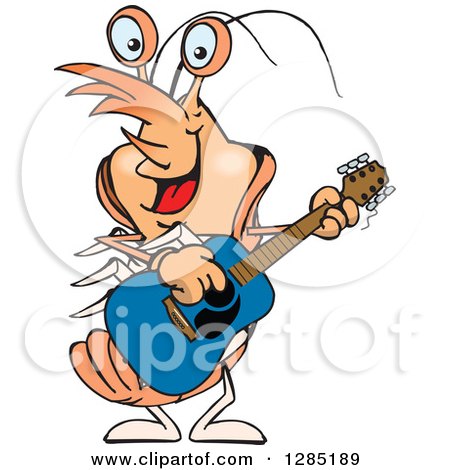 Clipart of a Cartoon Happy Prawn Shrimp Playing an Acoustic Guitar - Royalty Free Vector Illustration by Dennis Holmes Designs