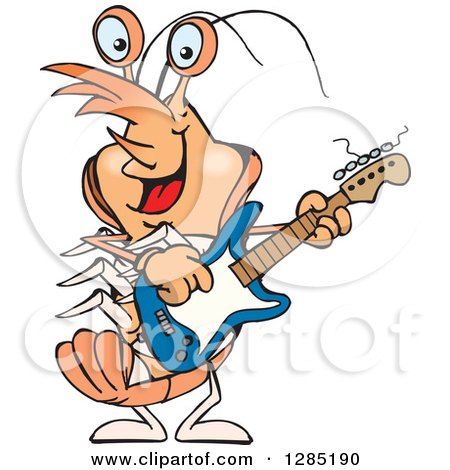Clipart of a Cartoon Happy Prawn Shrimp Playing an Electric Guitar - Royalty Free Vector Illustration by Dennis Holmes Designs