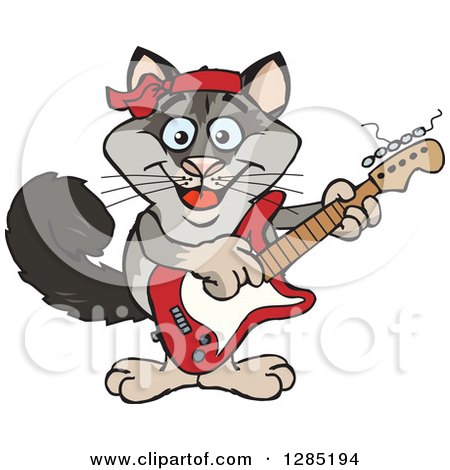 Clipart of a Cartoon Happy Possum Playing an Electric Guitar - Royalty Free Vector Illustration by Dennis Holmes Designs