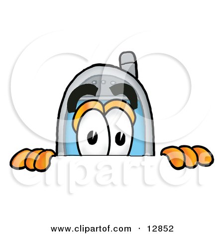 Clipart Picture of a Wireless Cellular Telephone Mascot Cartoon Character Peeking Over a Surface by Mascot Junction
