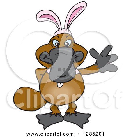 Clipart of a Friendly Waving Platypus Wearing Easter Bunny Ears - Royalty Free Vector Illustration by Dennis Holmes Designs