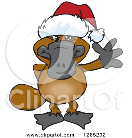 Clipart of a Friendly Waving Platypus Wearing a Christmas Santa Hat - Royalty Free Vector Illustration by Dennis Holmes Designs