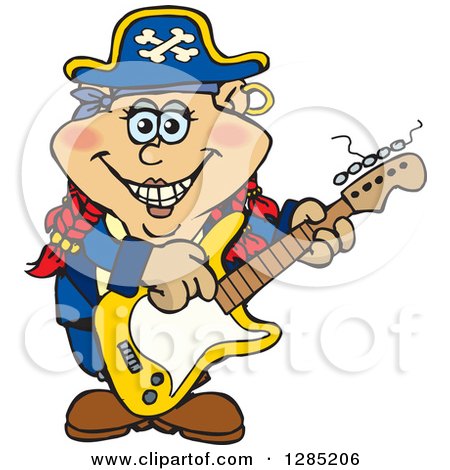 Clipart of a Cartoon Happy Pirate Woman Playing an Electric Guitar - Royalty Free Vector Illustration by Dennis Holmes Designs