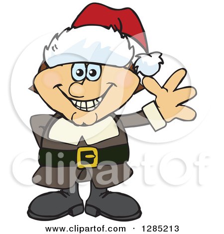 Clipart of a Friendly Waving Male Pilgrim Wearing a Christmas Santa Hat - Royalty Free Vector Illustration by Dennis Holmes Designs