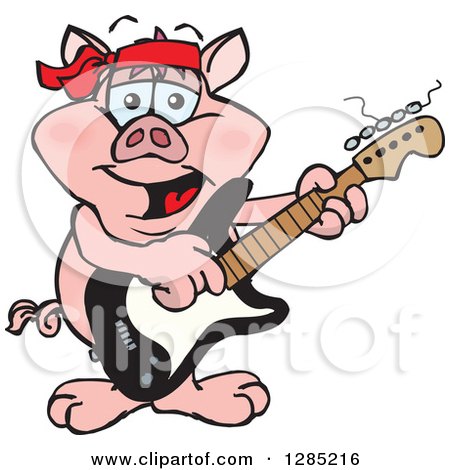 Clipart of a Cartoon Happy Pig Playing an Electric Guitar - Royalty Free Vector Illustration by Dennis Holmes Designs