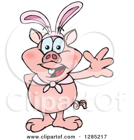 Clipart of a Friendly Waving Pig Wearing Easter Bunny Ears - Royalty Free Vector Illustration by Dennis Holmes Designs