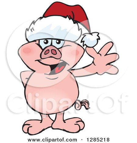 Clipart of a Friendly Waving Pig Wearing a Christmas Santa Hat - Royalty Free Vector Illustration by Dennis Holmes Designs