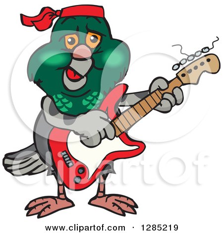Clipart of a Cartoon Happy Pigeon Playing an Electric Guitar - Royalty Free Vector Illustration by Dennis Holmes Designs