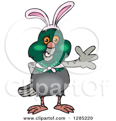 Clipart of a Friendly Waving Pigeon Wearing Easter Bunny Ears - Royalty Free Vector Illustration by Dennis Holmes Designs