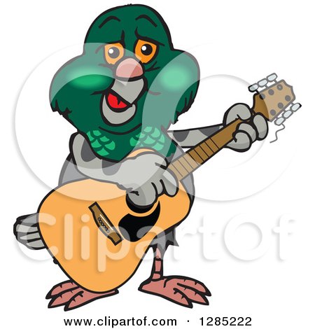 Clipart of a Cartoon Happy Pigeon Playing an Acoustic Guitar - Royalty Free Vector Illustration by Dennis Holmes Designs