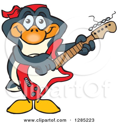 Clipart of a Cartoon Happy Penguin Playing an Electric Guitar - Royalty Free Vector Illustration by Dennis Holmes Designs