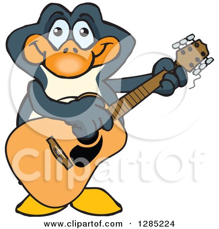 Clipart of a Cartoon Happy Penguin Playing an Acoustic Guitar - Royalty Free Vector Illustration by Dennis Holmes Designs