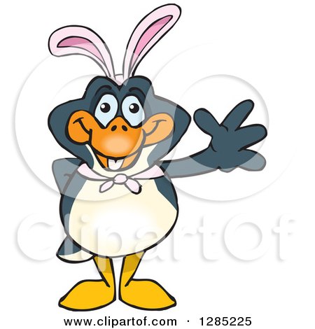 Clipart of a Friendly Waving Penguin Wearing Easter Bunny Ears - Royalty Free Vector Illustration by Dennis Holmes Designs