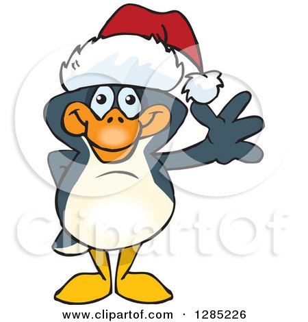 Clipart of a Friendly Waving Penguin Wearing a Christmas Santa Hat - Royalty Free Vector Illustration by Dennis Holmes Designs