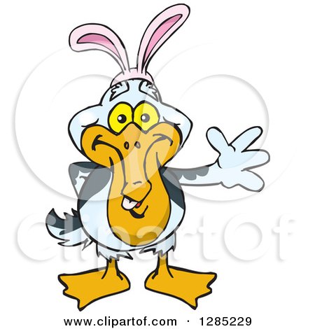 Clipart of a Friendly Waving Pelican Wearing Easter Bunny Ears - Royalty Free Vector Illustration by Dennis Holmes Designs