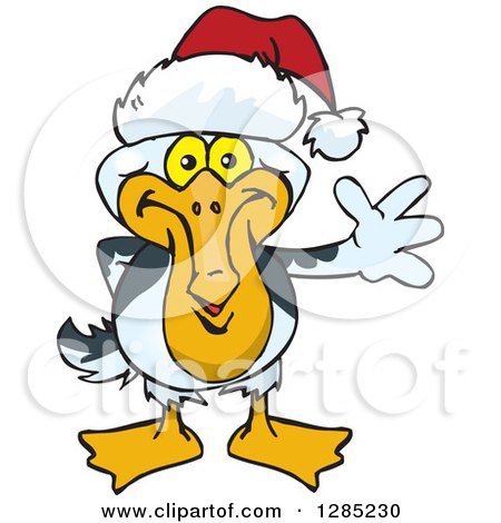 Clipart of a Friendly Waving Pelican Wearing a Christmas Santa Hat - Royalty Free Vector Illustration by Dennis Holmes Designs