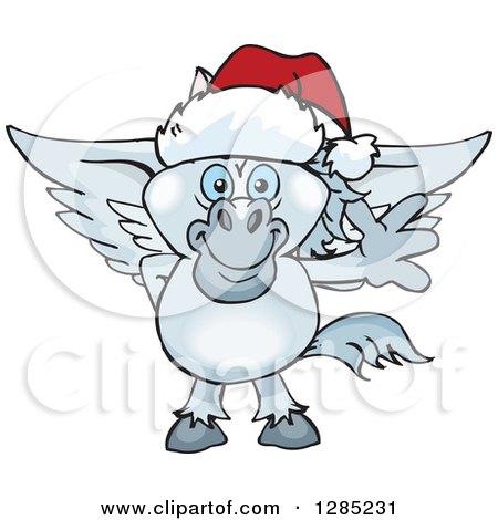 Clipart of a Friendly Waving Pegasus Horse Wearing a Christmas Santa Hat - Royalty Free Vector Illustration by Dennis Holmes Designs