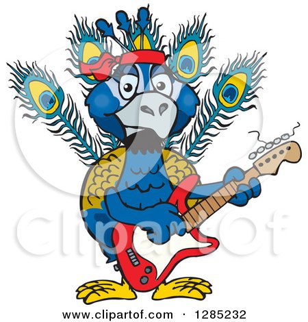 Clipart of a Cartoon Happy Peacock Playing an Electric Guitar - Royalty Free Vector Illustration by Dennis Holmes Designs