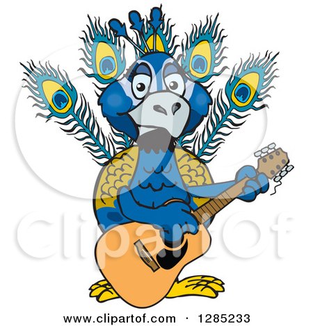 Clipart of a Cartoon Happy Peacock Playing an Acoustic Guitar - Royalty Free Vector Illustration by Dennis Holmes Designs