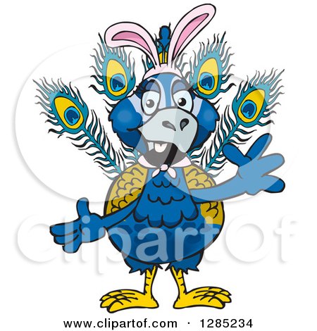 Clipart of a Friendly Waving Peacock Wearing Easter Bunny Ears - Royalty Free Vector Illustration by Dennis Holmes Designs
