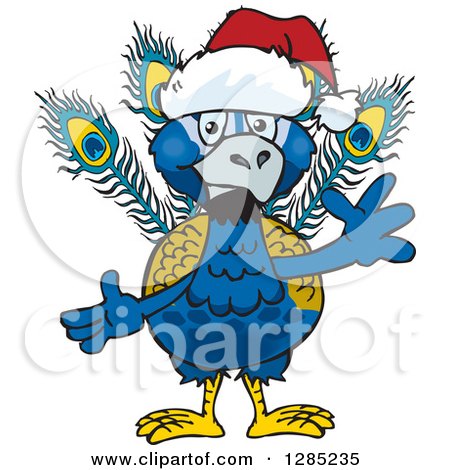 Clipart of a Friendly Waving Peacock Wearing a Christmas Santa Hat - Royalty Free Vector Illustration by Dennis Holmes Designs