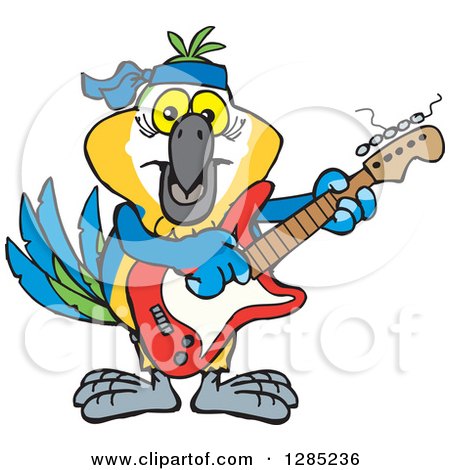 Clipart of a Cartoon Happy Blue and Yellow Macaw Parrot Playing an Electric Guitar - Royalty Free Vector Illustration by Dennis Holmes Designs