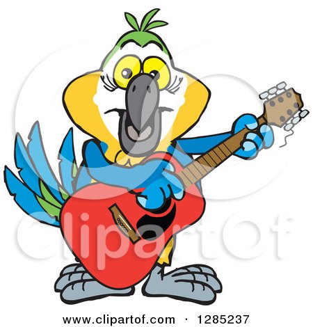 Clipart of a Cartoon Happy Blue and Yellow Macaw Parrot Playing an Acoustic Guitar - Royalty Free Vector Illustration by Dennis Holmes Designs