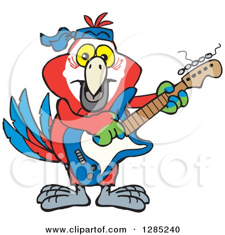 Clipart of a Cartoon Happy Macaw Parrot Playing an Electric Guitar - Royalty Free Vector Illustration by Dennis Holmes Designs